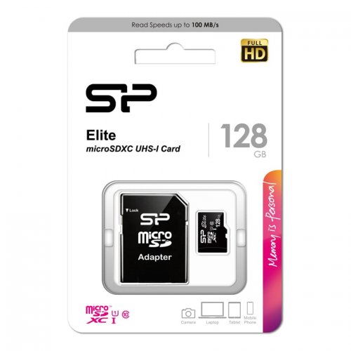 Silicon Power, Elite, microSD, 128GB, Class 10, V10, карта памет, +SD адаптер